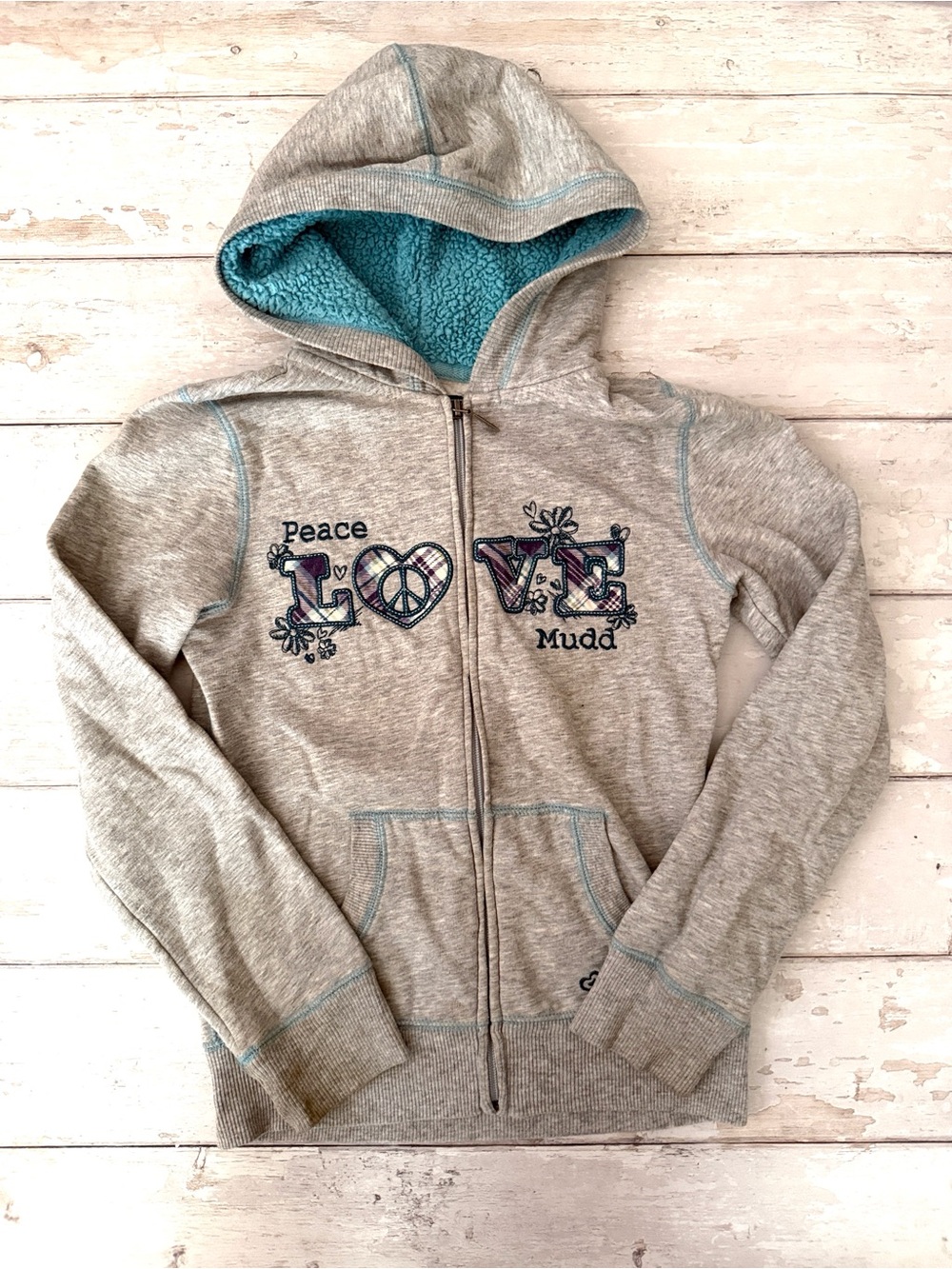 Mudd Size 12 Girls Gray Peace Love Grey Zip Up Hoodie Sweatshirt Jacket Kids